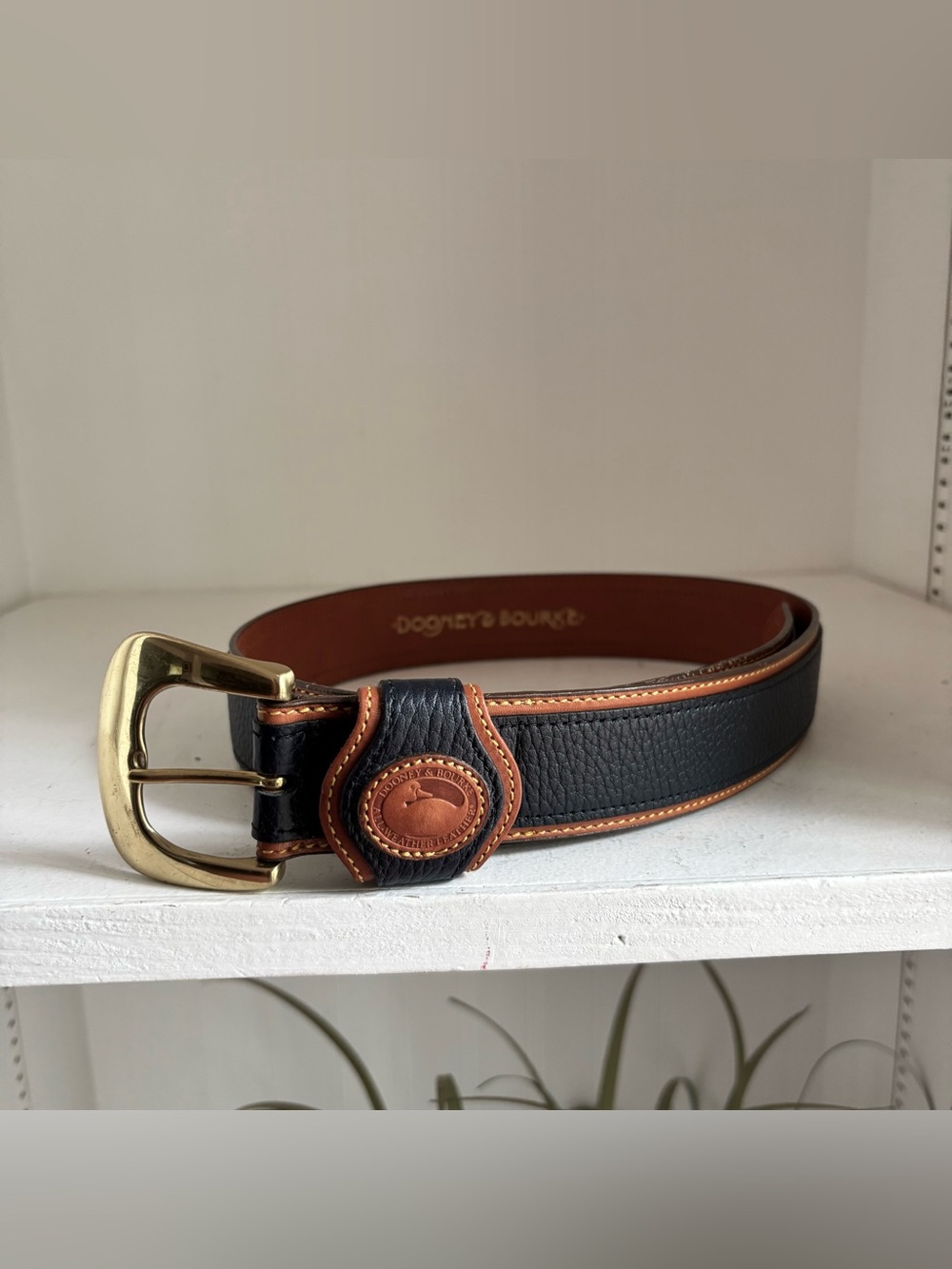 Vintage New Dooney & Bourke Navy/Brown Leather Belt with Gold Buckle M 30-32